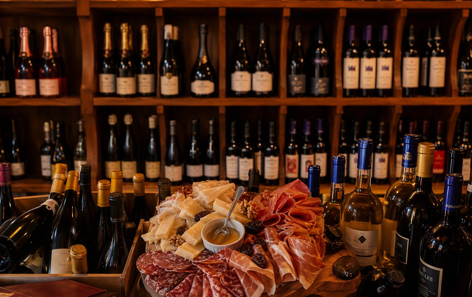 Il tagliere di pecorino e salumi toscani con miele e noci davanti agli scaffali di vino